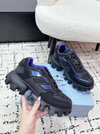 Prada unisex shoes pair, dark gray with blue highlights and purple-trim details