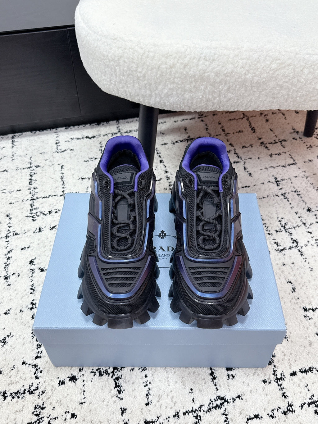 Prada unisex shoes, dark gray with blue trim and purple collar, chunky tread