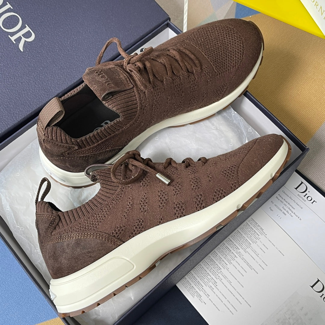 Dior unisex sneakers, dark brown knit and suede panels with lace-up and white soles