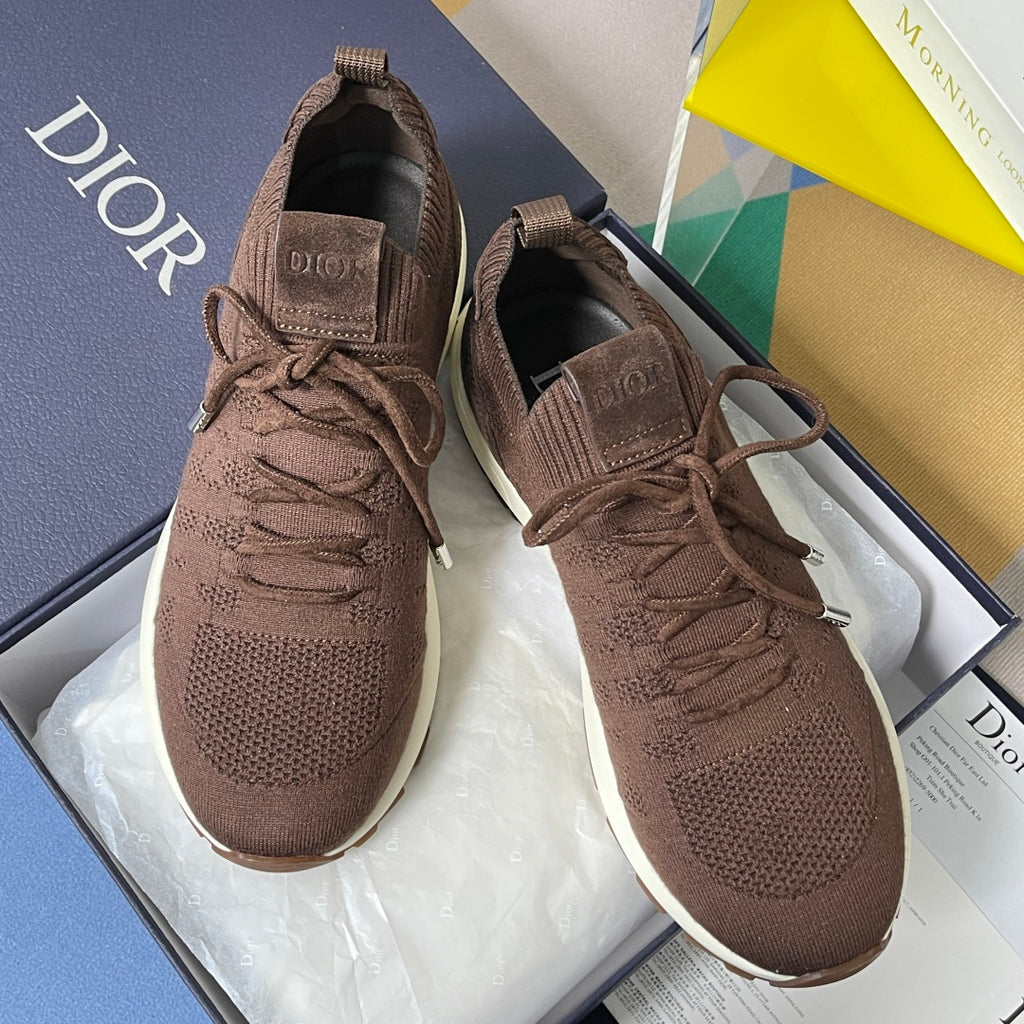 Dior unisex sneakers in dark brown with lace-up, knit uppers, and padded tongues
