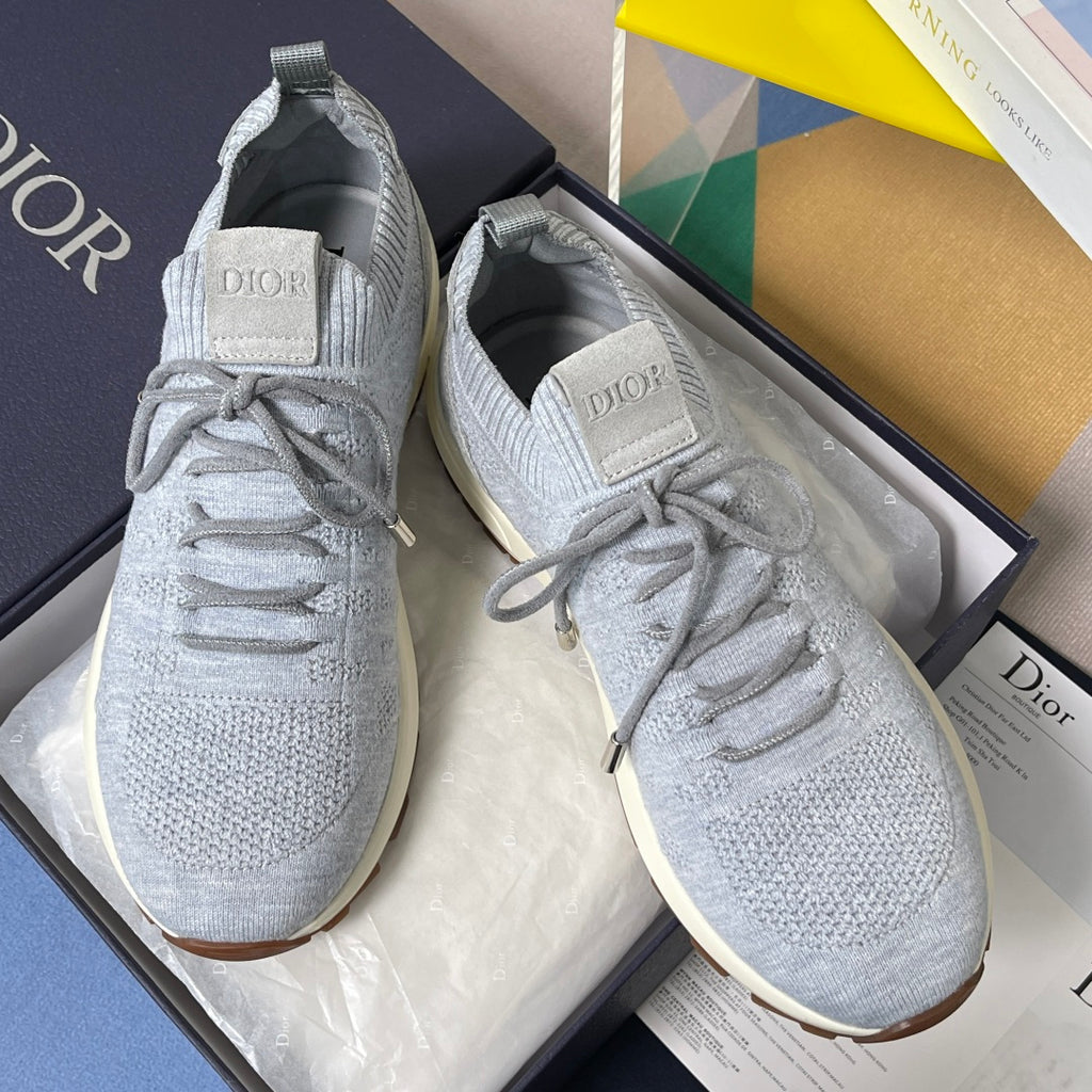 Grey knit lace-up sneakers with cream midsole, Dior patch on tongue and heel