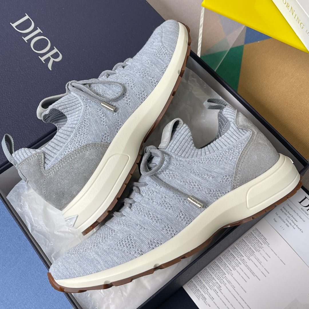 Grey knit sneakers with lace-up closure, raised collar and cream sole, Dior heel logo