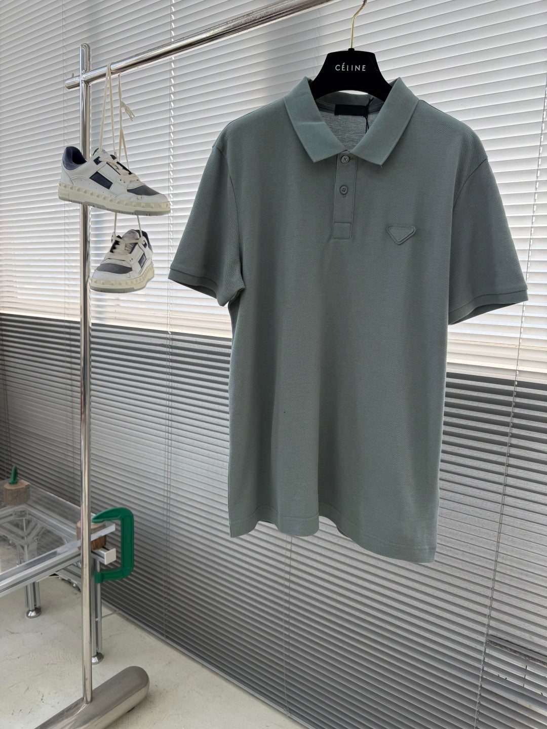 Prada polo shirt, muted teal with buttoned collar and chest pocket