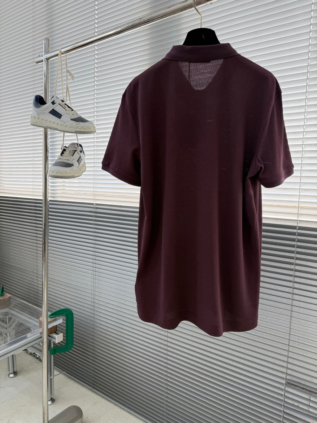 Prada short-sleeve polo shirt on hanger, burgundy back view