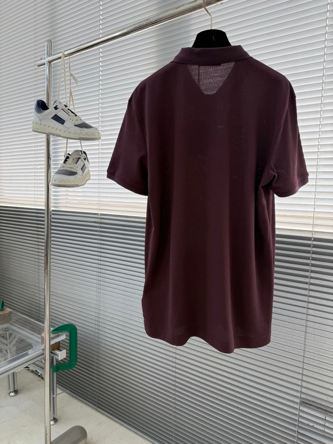Prada short-sleeve polo shirt on hanger, burgundy back view