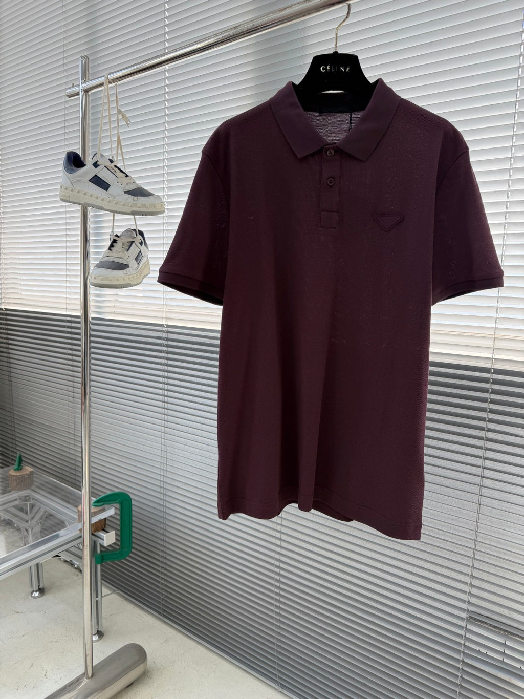 Prada short-sleeve polo shirt, burgundy knit with button placket and chest pocket