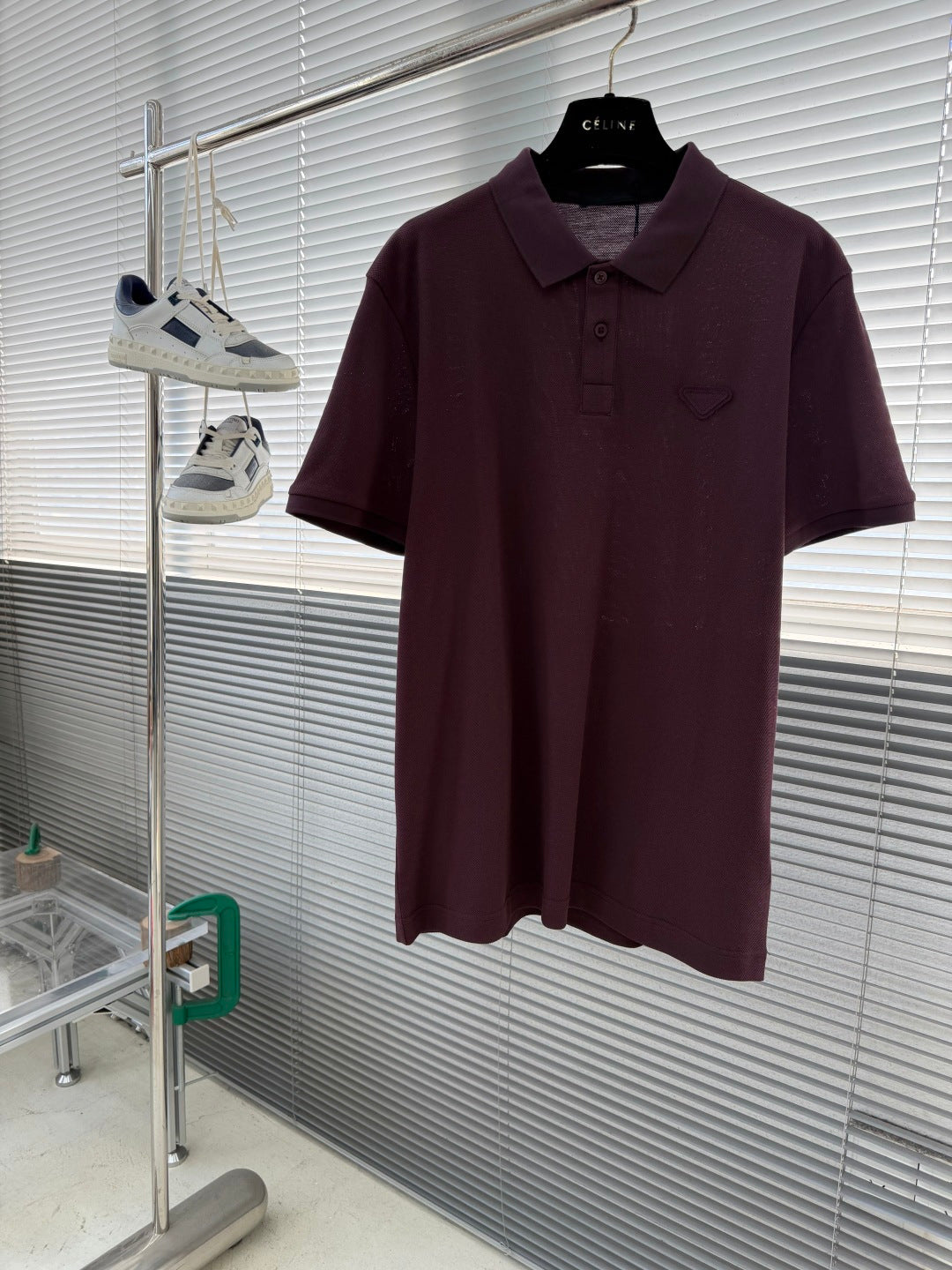 Prada short-sleeve polo shirt, burgundy knit with button placket and chest pocket
