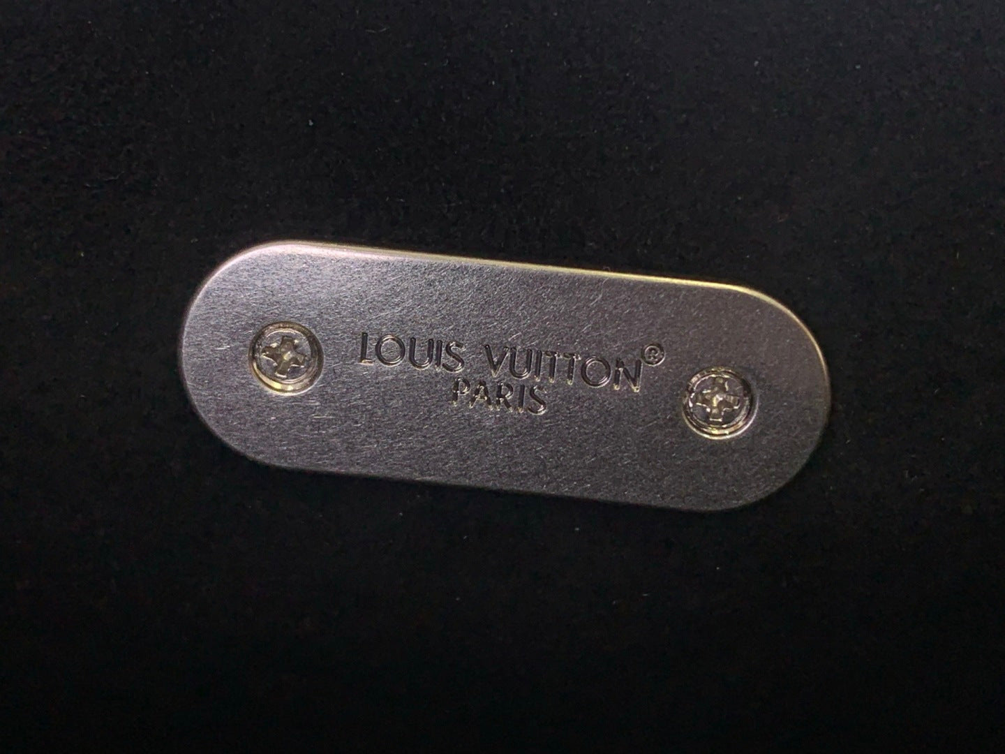 Louis Vuitton backpack close-up of gold-toned metal logo plate on dark leather