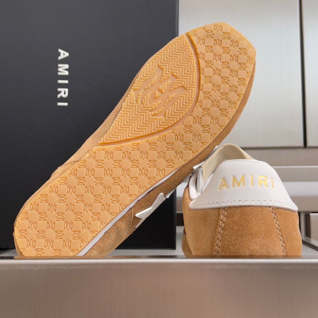 Tan patterned rubber outsole for suede sneakers, with AMIRI heel detail