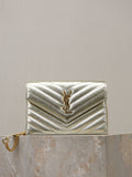 YSL chevron-quilted metallic gold shoulder bag with YSL logo and chain strap