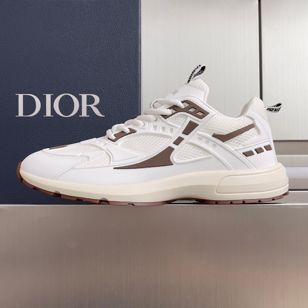 Dior unisex lace-up sneakers, white leather with brown logo panels and cream sole