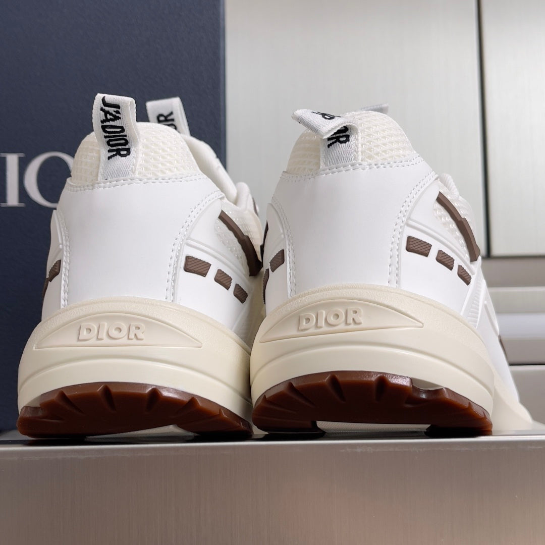 Dior unisex sneakers heel view, white uppers with brown outsole and Dior branding