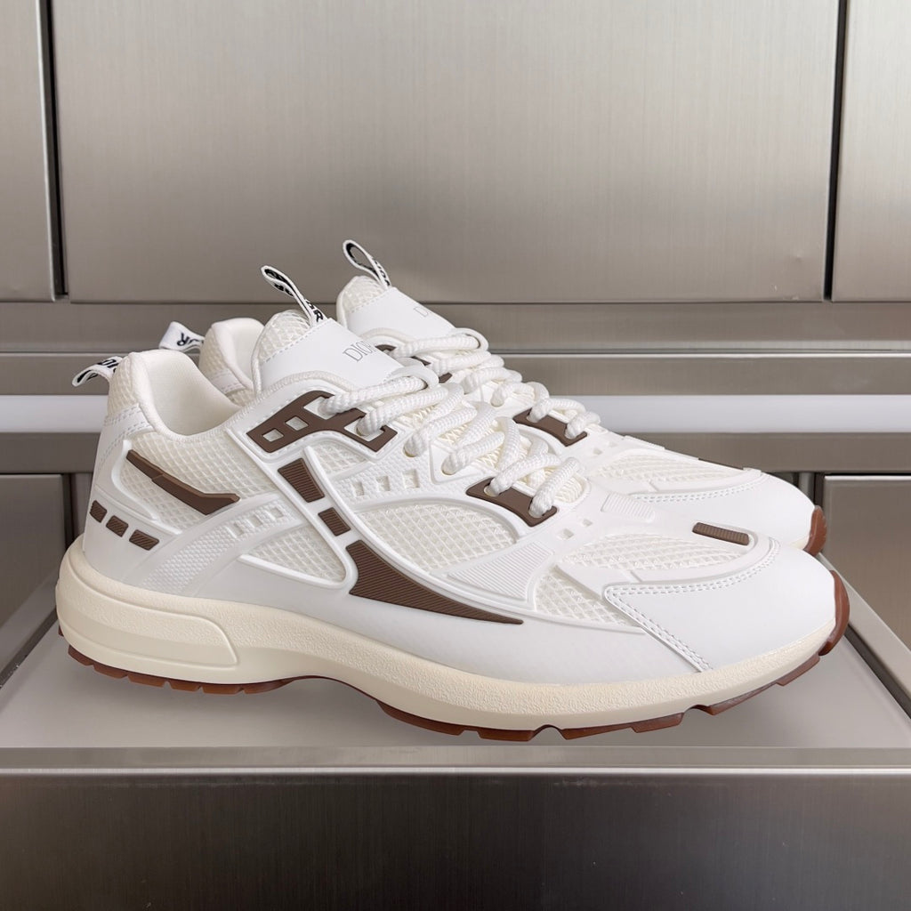 Dior unisex sneakers in white with brown accents and lace-up front, chunky sole