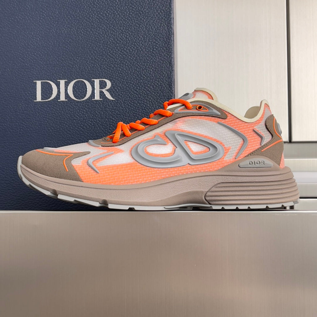Dior unisex sneakers with orange laces, gray and light orange graphic uppers