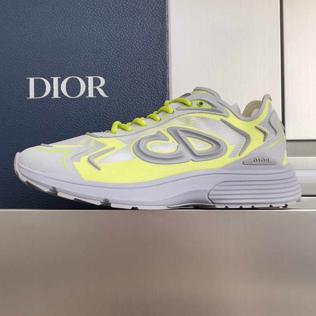 Dior unisex sneakers, side view, light gray and neon lime with lace-up closure
