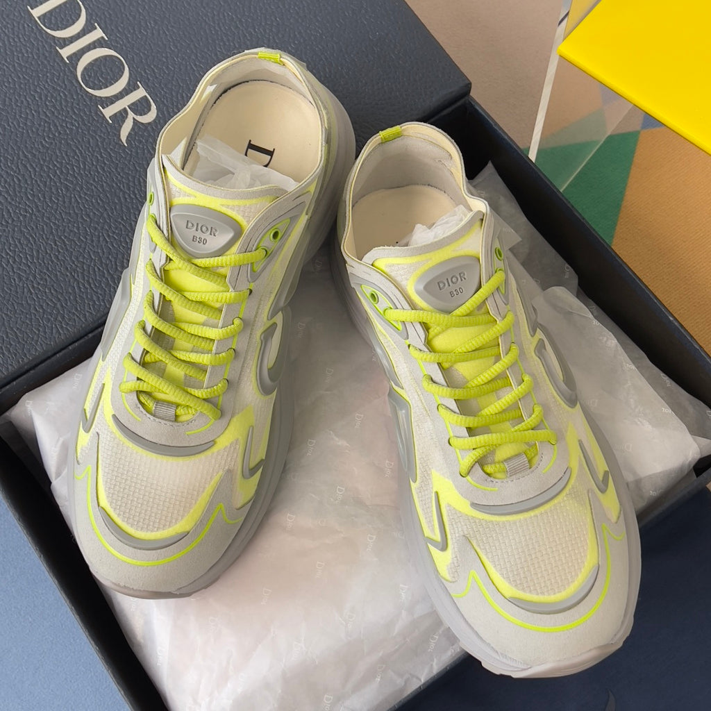 Dior unisex sneakers, front view, light gray mesh with neon lime laces