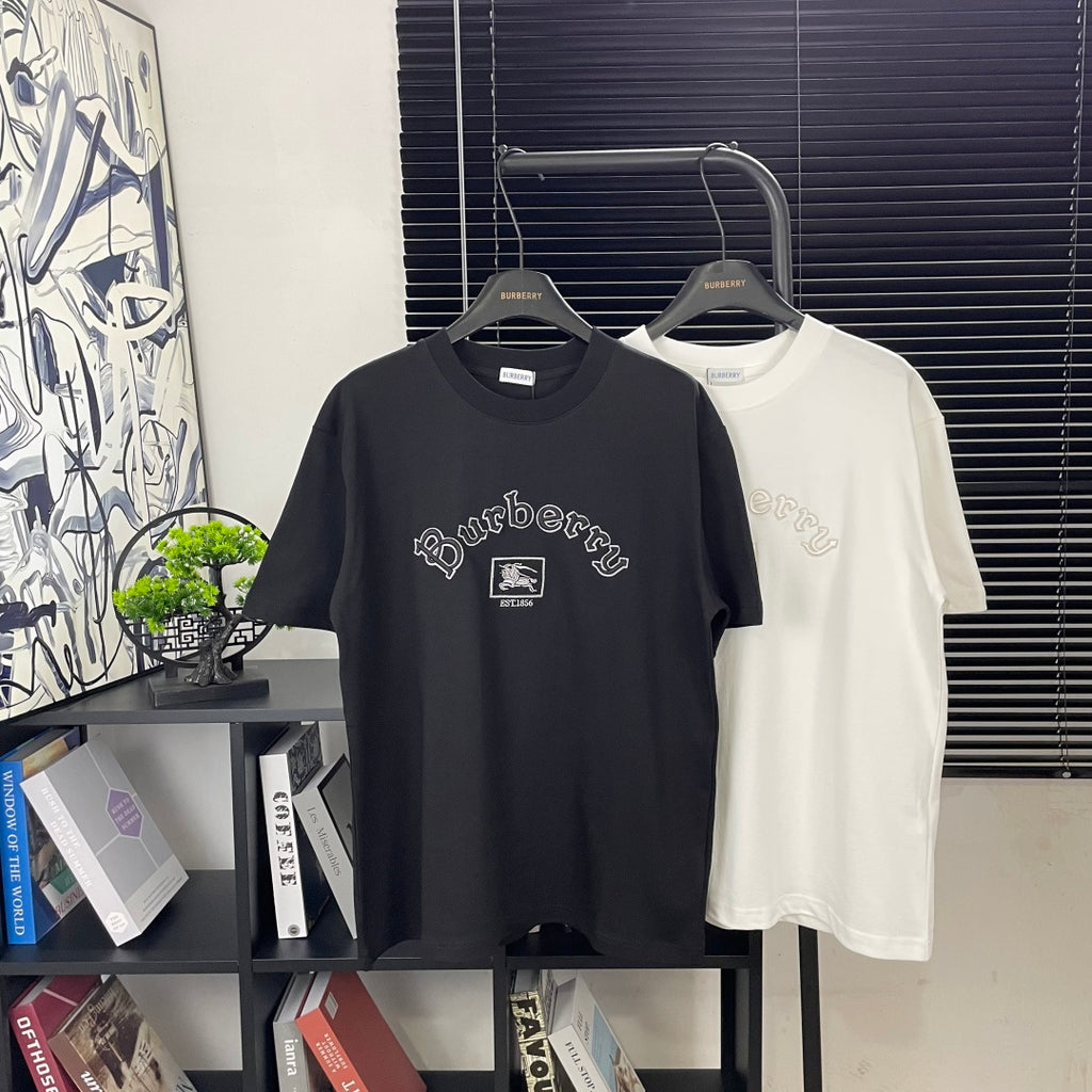 Cotton T-shirts on hangers, black and white, embroidered Burberry logo fronts