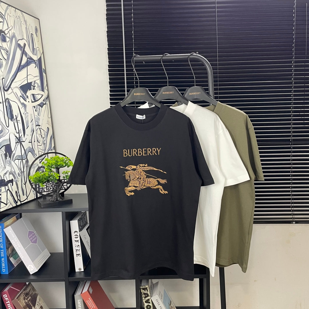 Burberry short-sleeve T-shirt, black with gold logo horse and “BURBERRY” print
