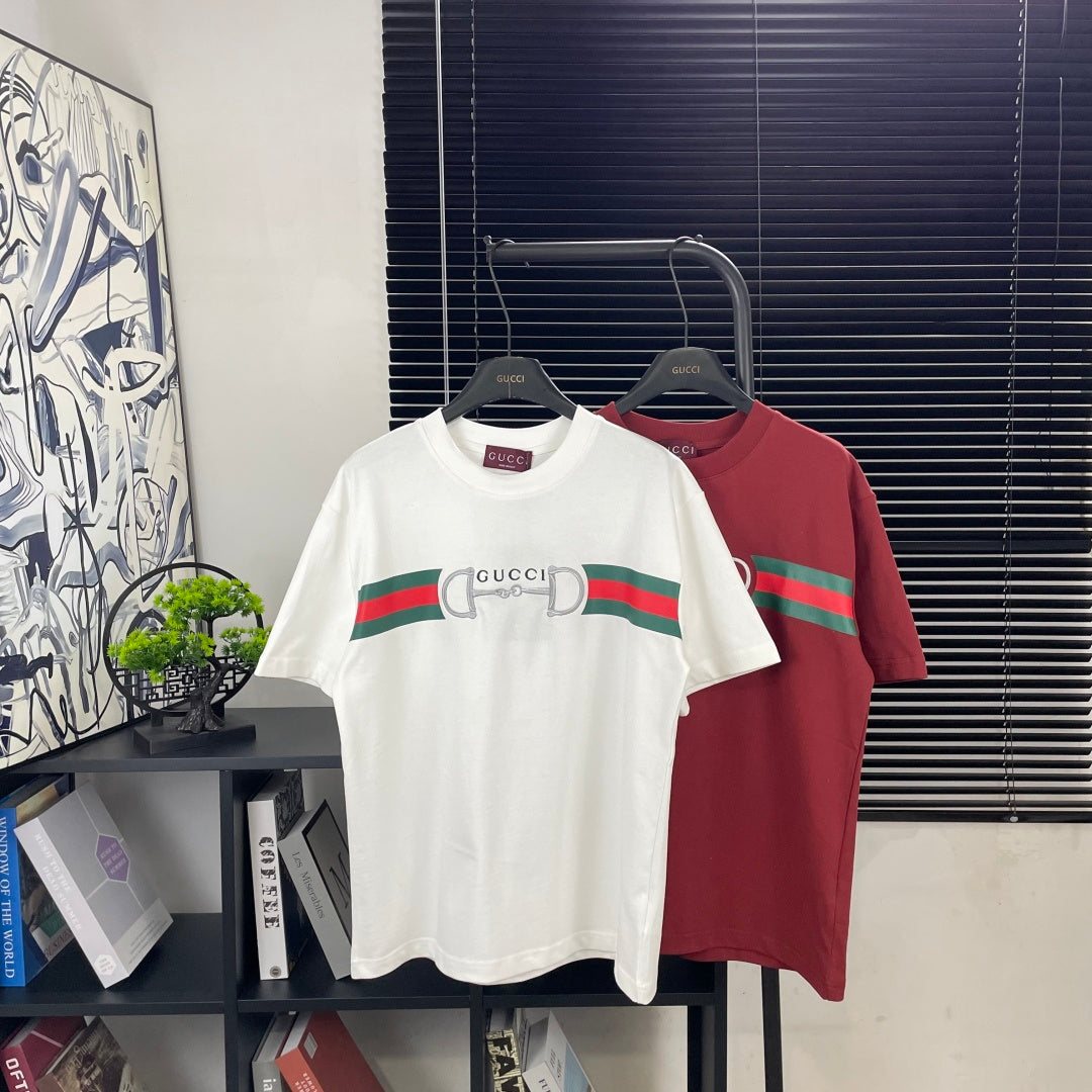 White Gucci logo T-shirt with green and red stripe horsebit graphic
