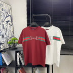Red short-sleeve T-shirt with green stripe and white Gucci horsebit logo