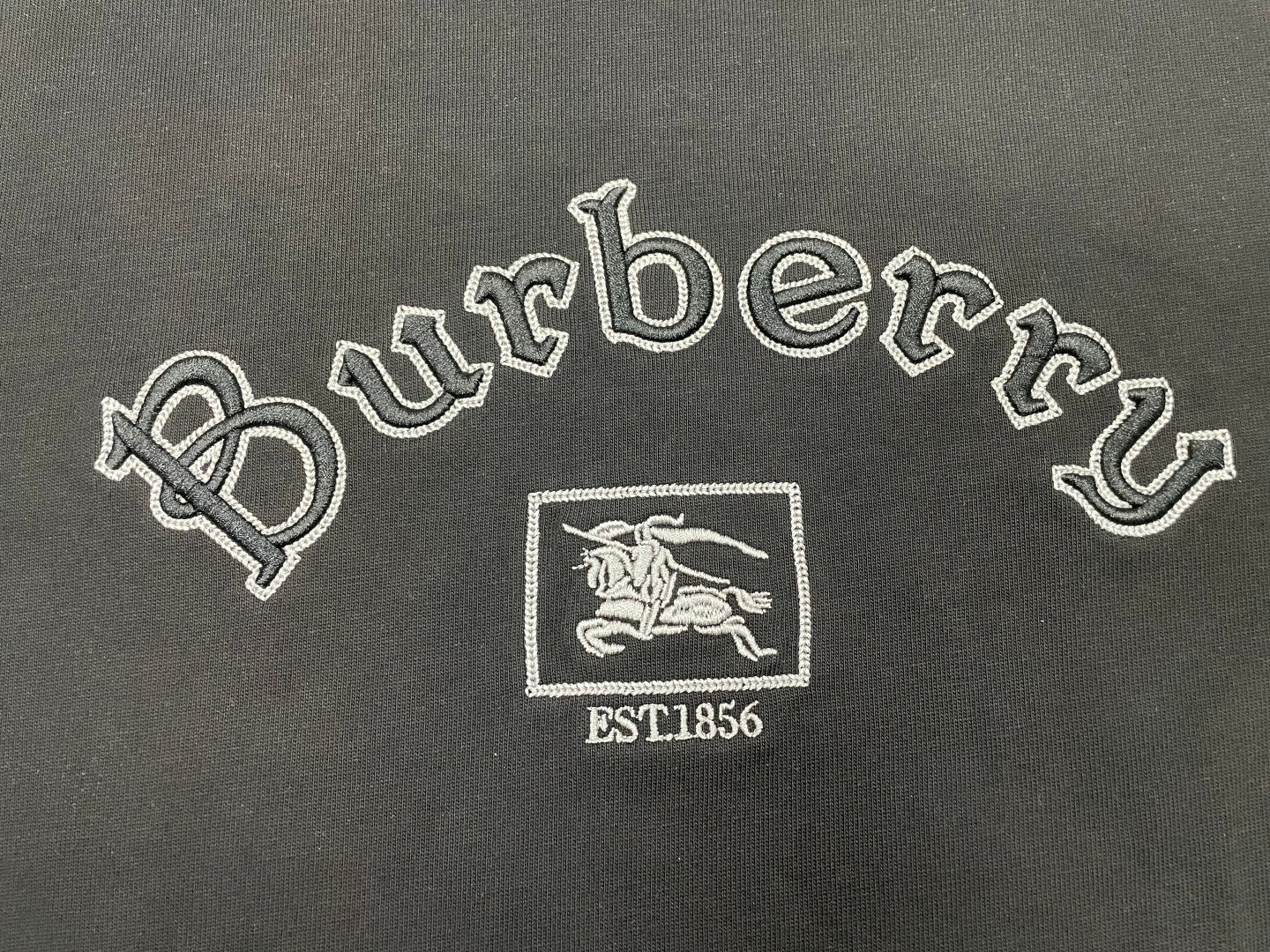 Embroidered Burberry wordmark, horse crest, and EST1856 patch on black fabric.