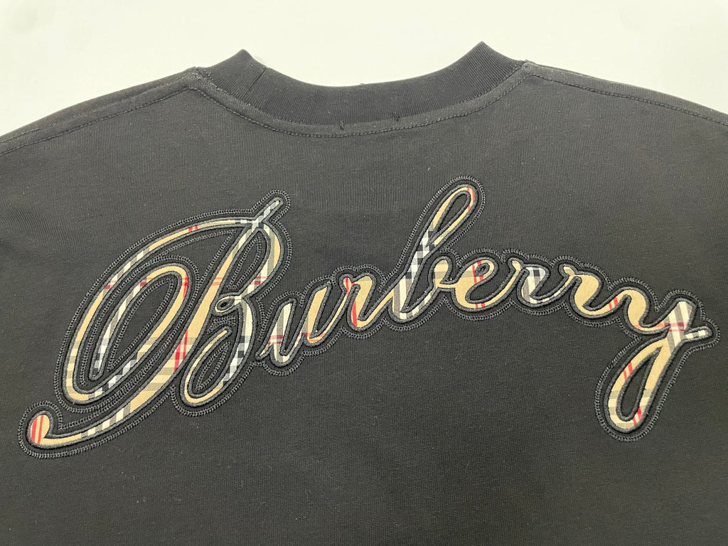 Burberry embroidered script logo on back of dark charcoal T-shirt