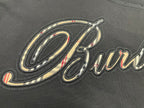 Burberry embroidered script logo detail on dark charcoal T-shirt