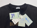 Black crewneck T-shirt with hanging price and logo tags