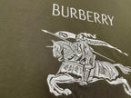 Burberry olive T-shirt with “BURBERRY” text and white horse rider graphic
