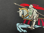 Black Burberry T-shirt close-up of rider graphic with striped outfit details