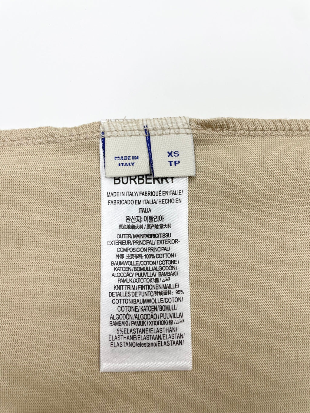 Burberry size and care label on beige T-shirt, XS TP