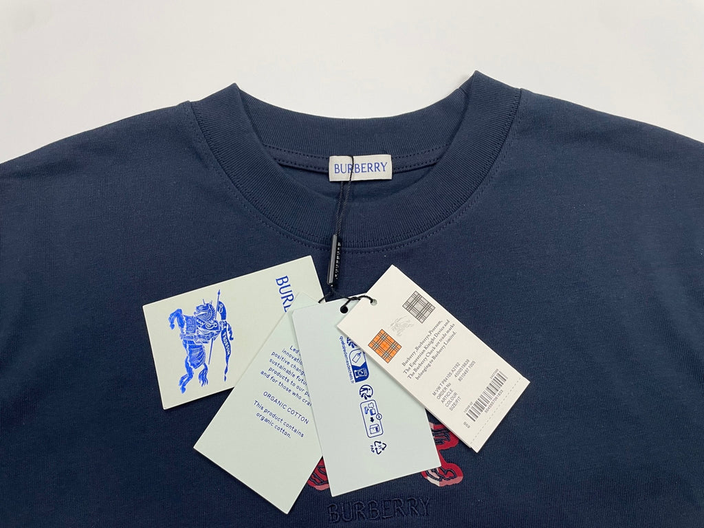 Navy crew-neck T-shirt with brand hang tags attached