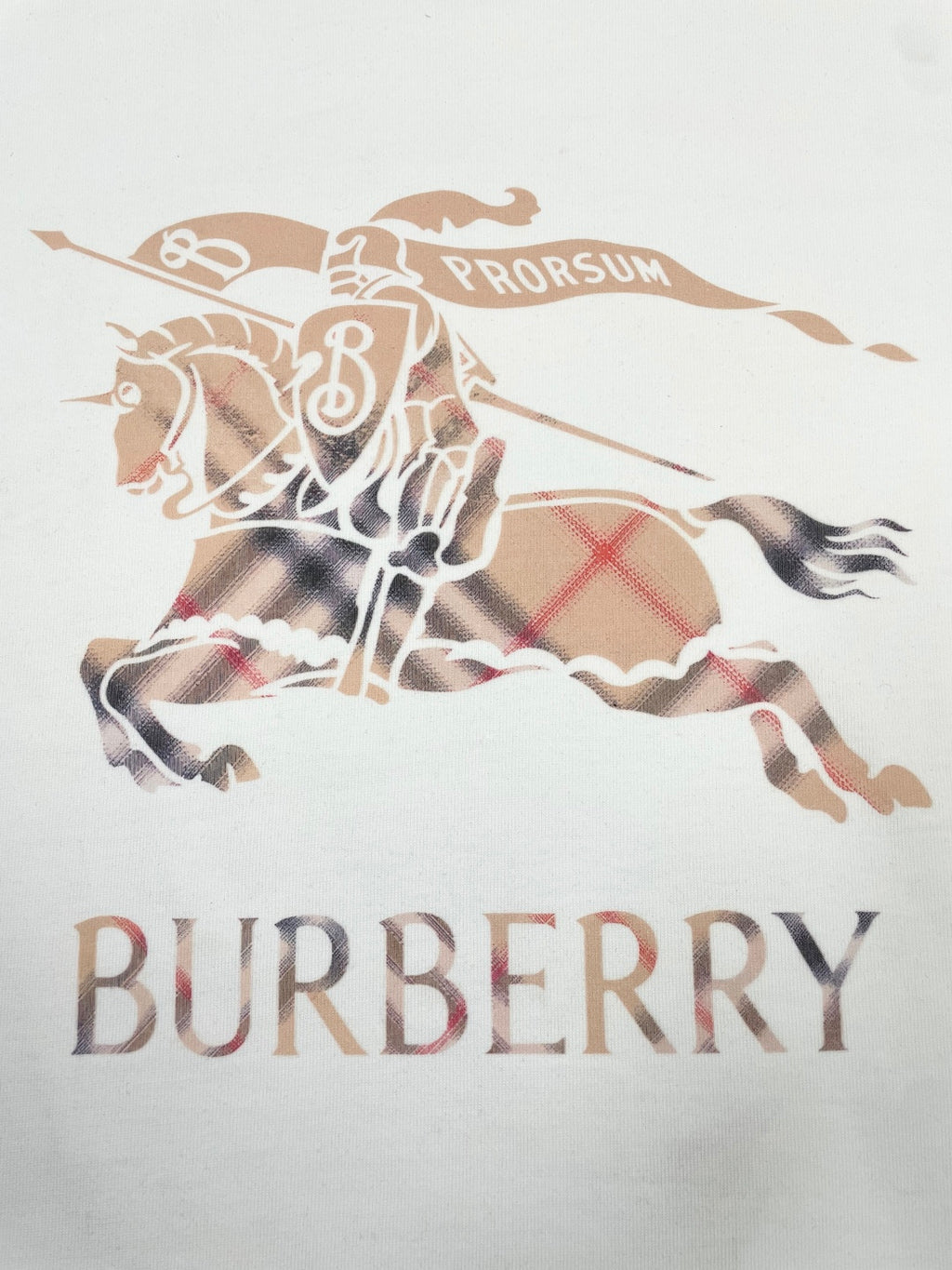 White T-shirt with large horse-and-banner graphic and Burberry text