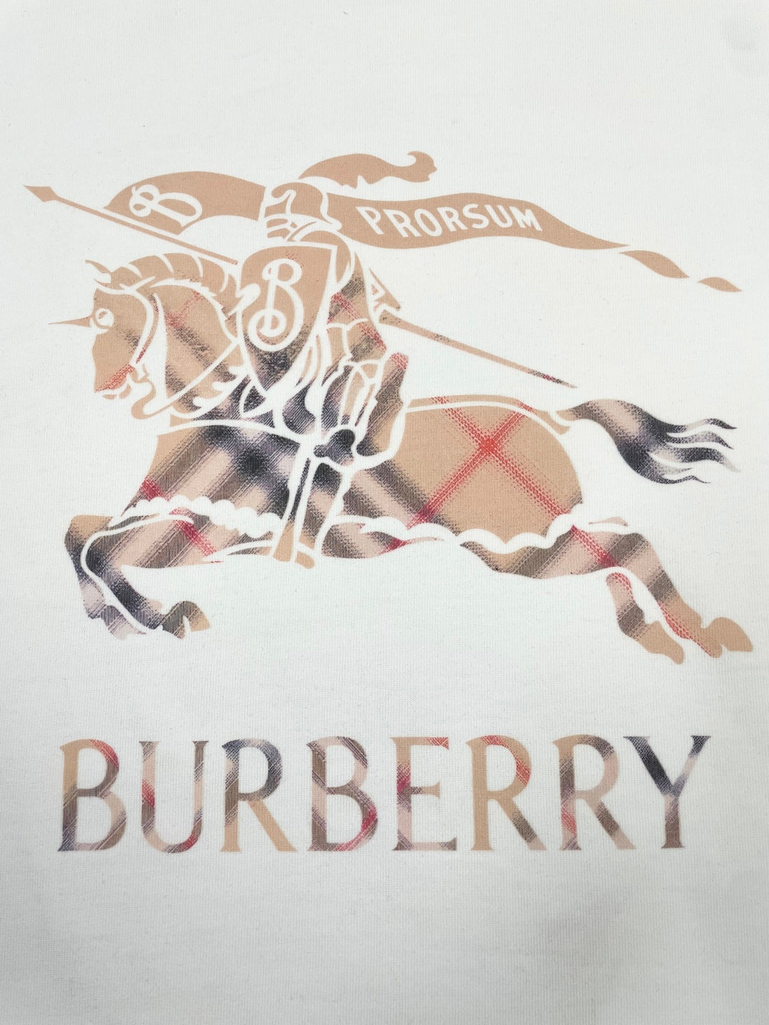 White T-shirt with large horse-and-banner graphic and Burberry text