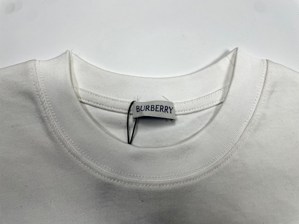 White crew-neck T-shirt collar with stitched Burberry neck label