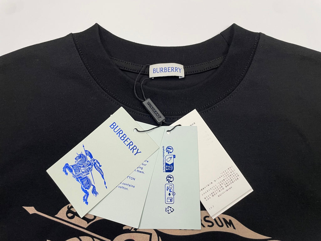 Black short-sleeve T-shirt with Burberry logo at collar and hanging tags