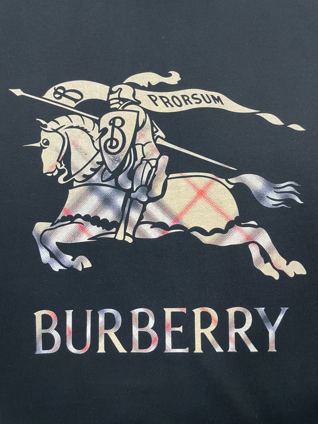 Black T-shirt with large Burberry logo and horse-and-rider graphic print