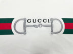 White T-shirt sleeve with green and red stripe and horsebit graphic