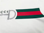 White T-shirt with green and red stripe band and horsebit graphic detail