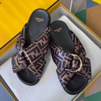 Fendi sandals set with FF logo straps in dark brown, rose, and black tones