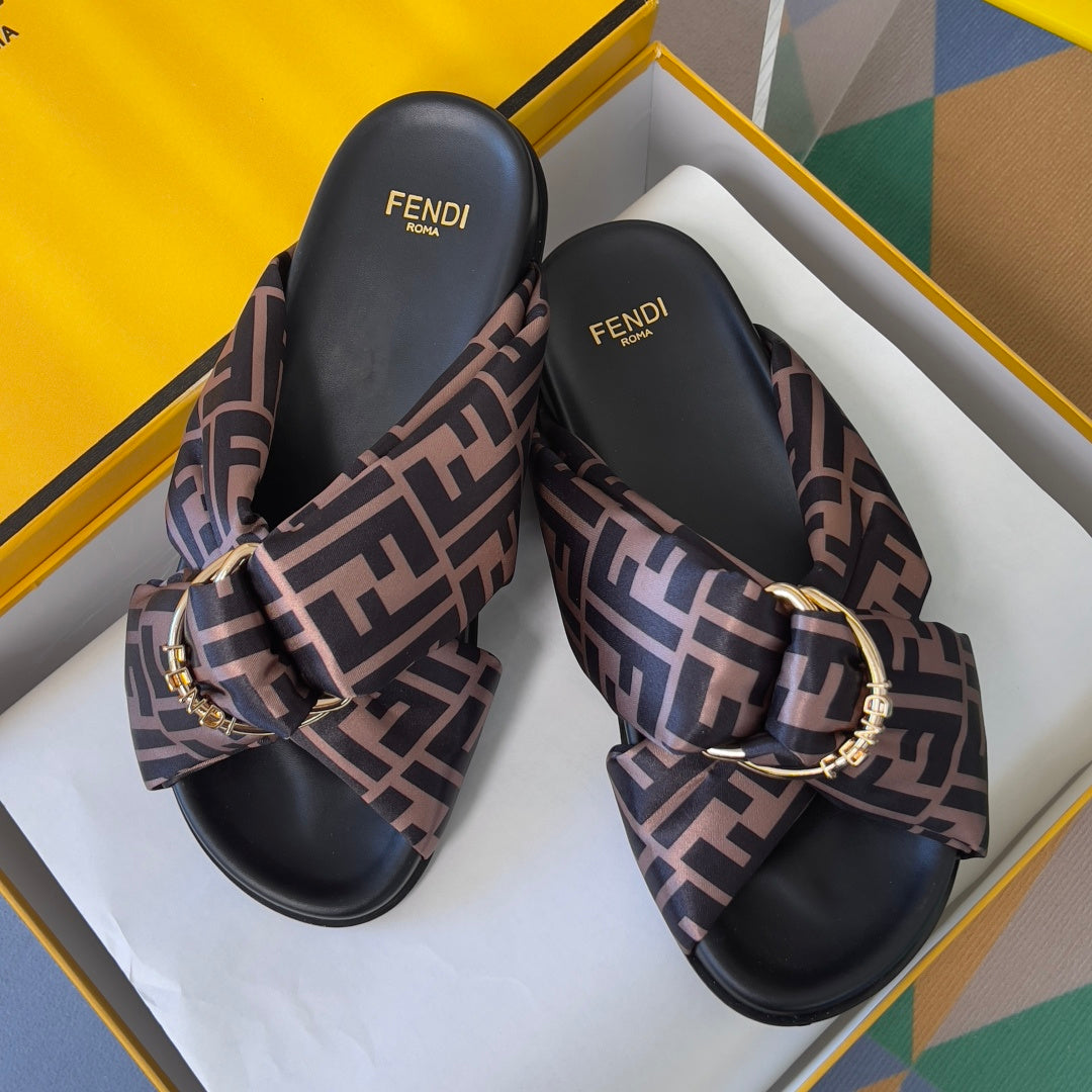 Fendi sandals set with FF logo straps in dark brown, rose, and black tones