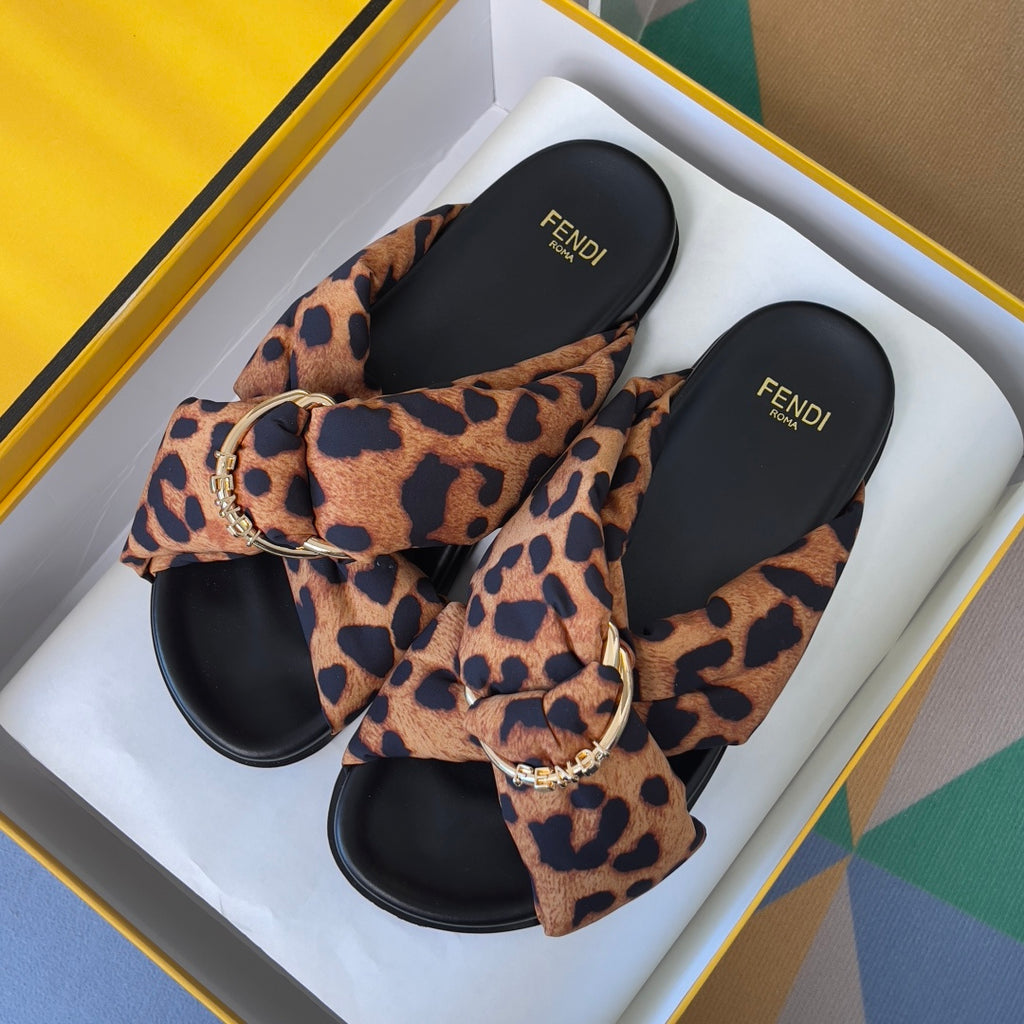 Fendi leopard-print sandals in gift box with black footbeds and gold ring ties