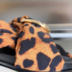 Fendi leopard-print fabric sandal upper with gold buckle and knot bow