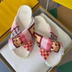 Fendi sandals in box: pink geometric scarf bows with gold buckles on white footbed