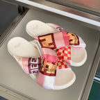 Fendi sandals with pink striped and checkered scarf bow straps, gold buckle