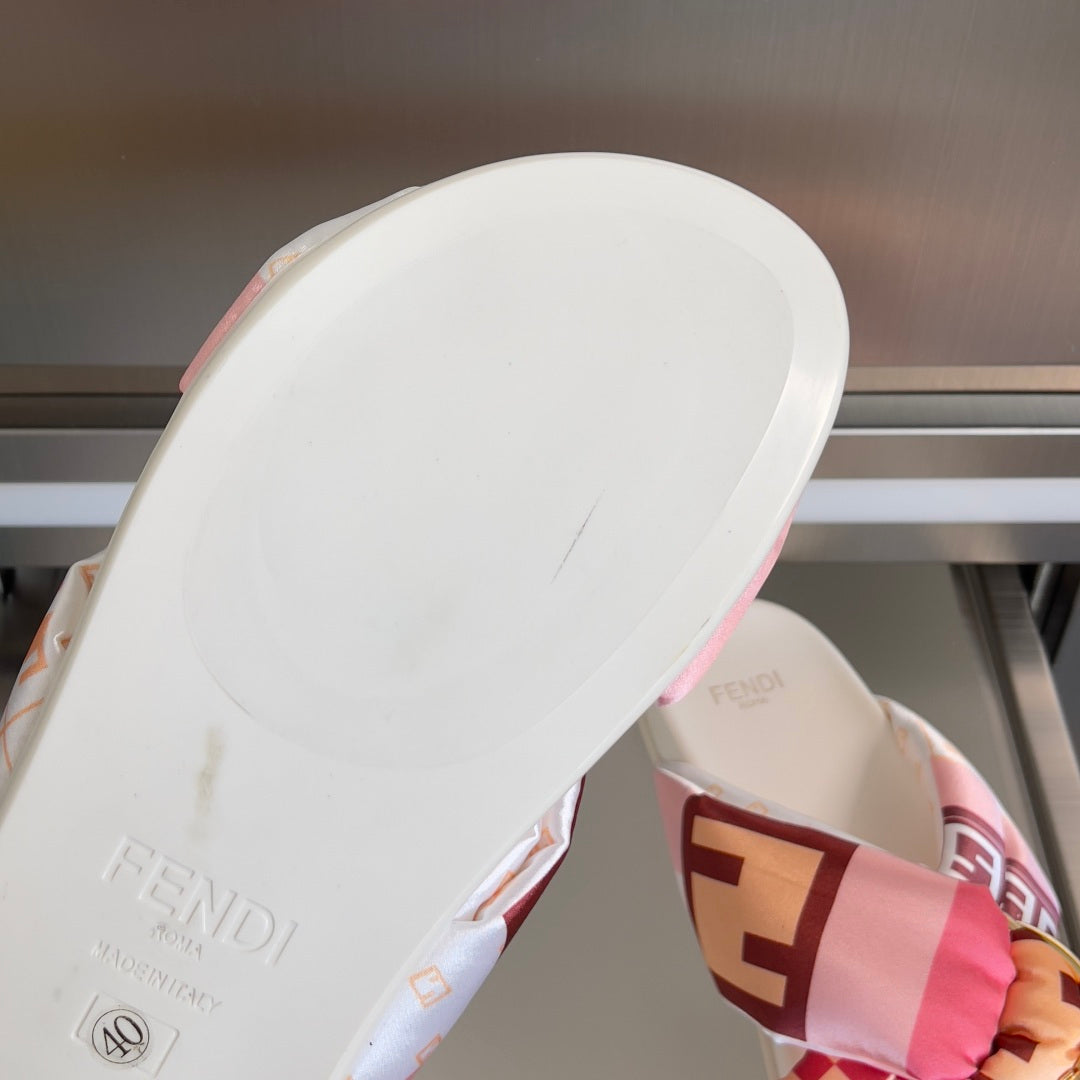 Fendi sandals with white footbed and logo, pink patterned upper