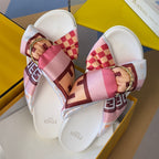 Fendi sandals with pink geometric scarf straps and gold buckles, white footbeds