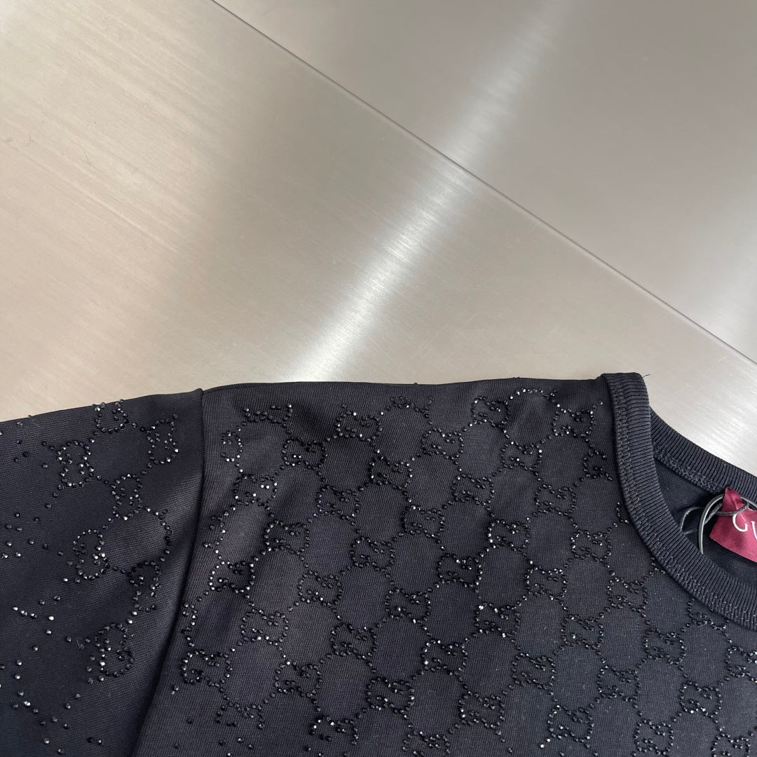 Black Gucci T-shirt with allover floral motif and dark speckled bead details