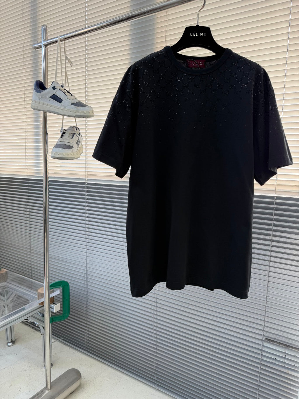 Black Gucci short-sleeve T-shirt with allover stitched pattern