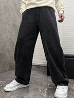Wide-leg denim pants, dark wash, elastic drawstring waist and roomy straight legs.